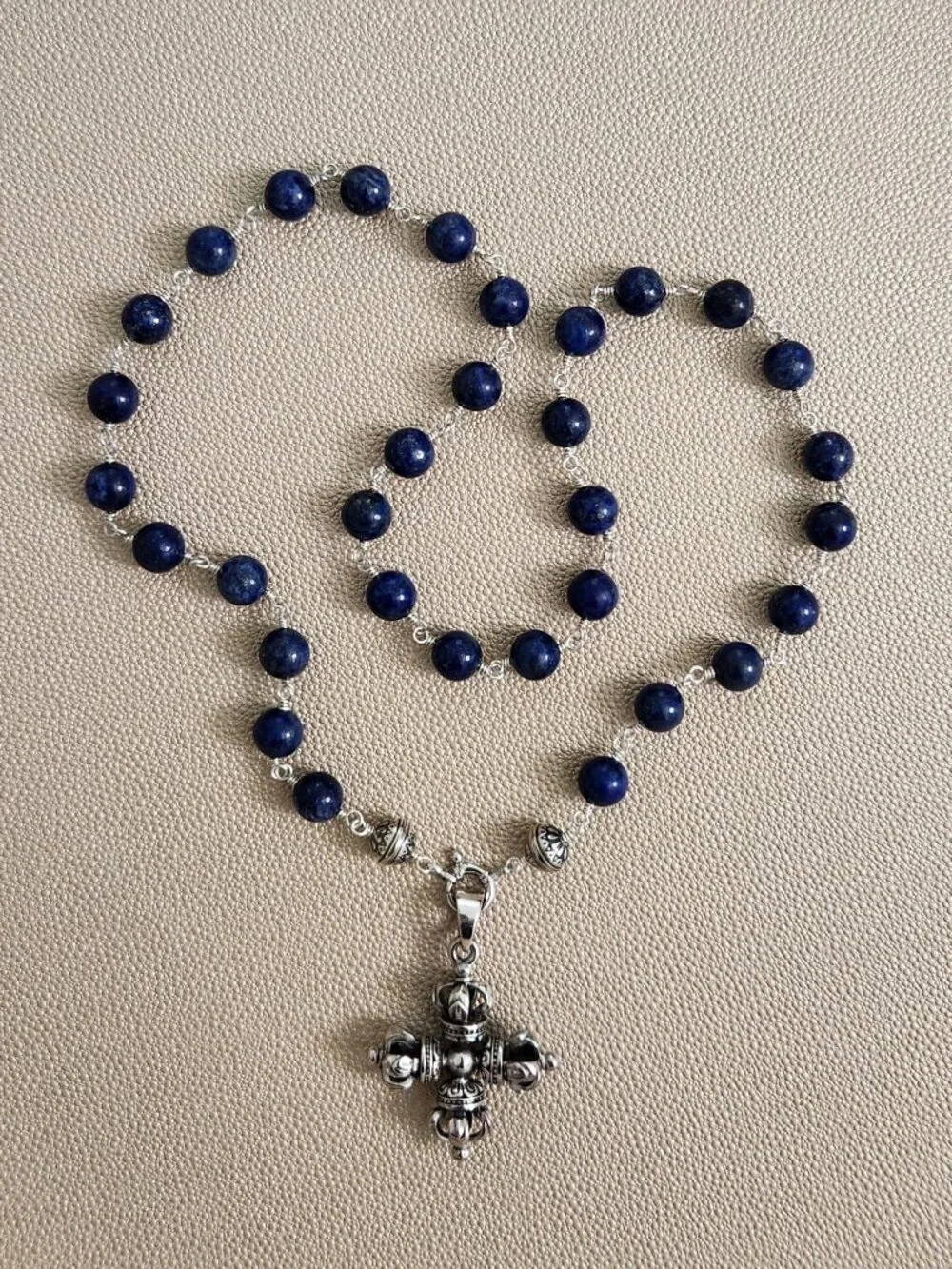 10MM LAPIS LAZULI NECKLACE W/ 925 SILVER DORJE PENDANT-26